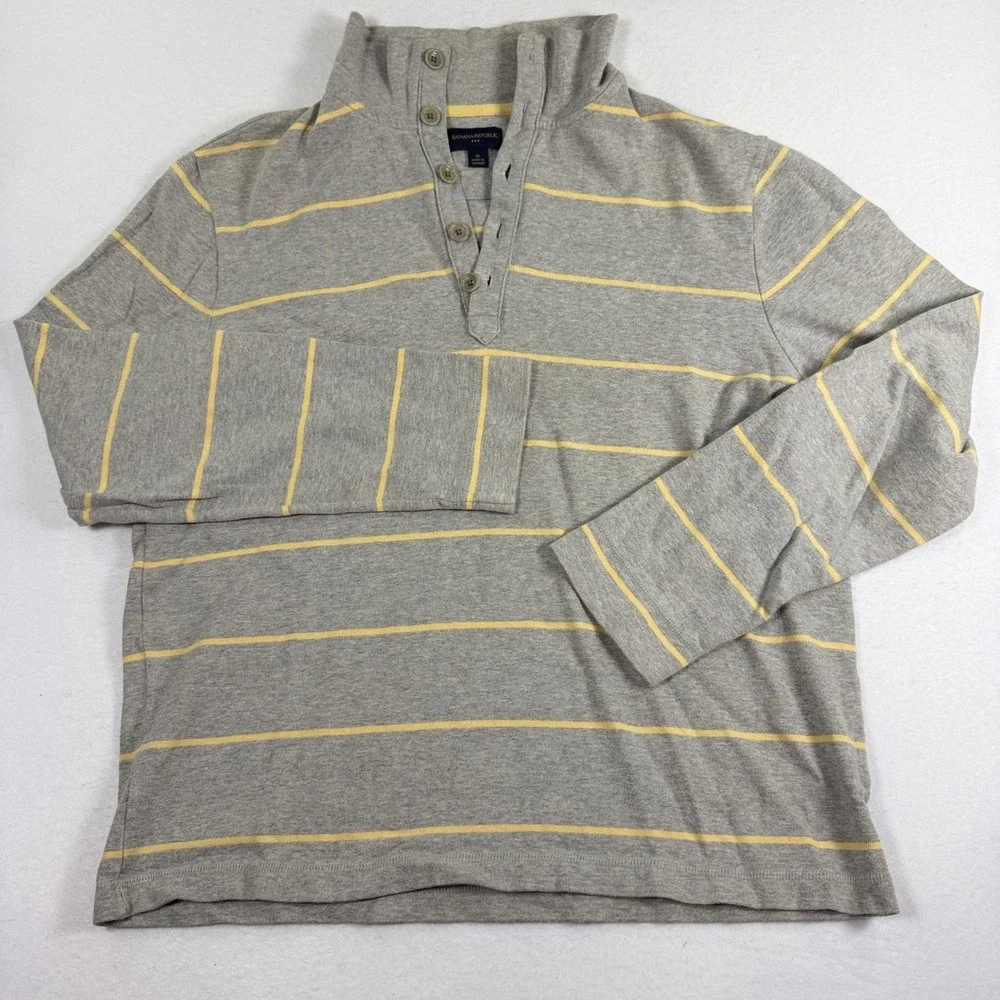 Banana Republic Jersey Knit Henley Polo Shirt Mens XL Grey Yellow Striped 2009